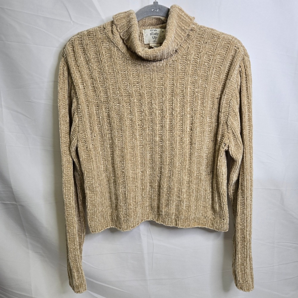 One Step Up Cropped Turtleneck Sweater, Tan Beige, Comfortable Winter Cozy Large